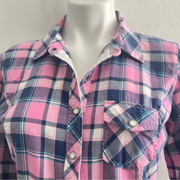 Guess Wrancher Western Flannel Shirt Pearl Snap Women's Medium Pink Plaid NEW - Picture 3 of 14